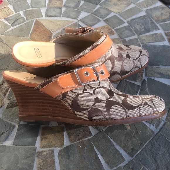 Coach Shoes - COACH Signature Brown Logo Bethany Wedge Mules 5.5